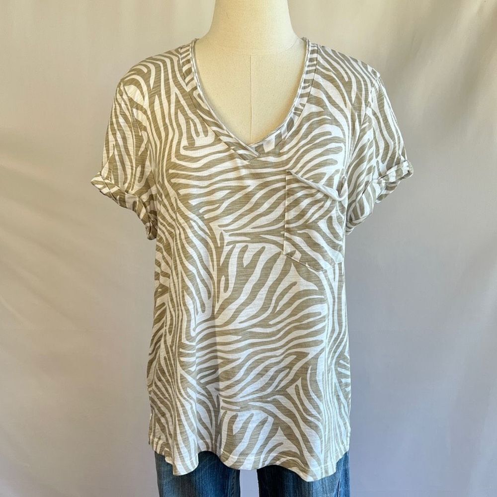Anthropologie TLA White and Tan M Zebra Print - Cotton-Modal Blend Shirt